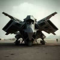 Futuristic military aircraft design, war military air craft, sci-fi flying sleek design. AI. photo