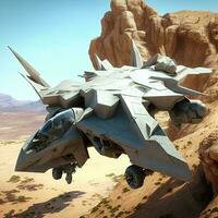 Futuristic military aircraft design, war military air craft, sci-fi flying sleek design. AI. photo