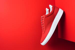 Pair of new stylish red sneakers on red background. International Red Sneakers Day. photo