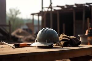 labor day. Safety Construction Worker Hat isolated on blurred industry background. photo