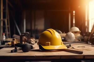 Safety Construction Worker Hat isolated on blurred industry background. photo