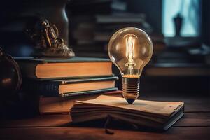 Light Bulb With Book. International Day of Light Concept. photo
