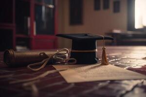 A black graduation cap sits on top of a book on a wooden table. photo