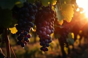 A bunch of grape are hanging from a vine in a vineyard at sunset light. photo