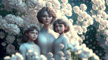 Mother and daughters, beautiful flowers background, Happy Mothers Day Concept . photo