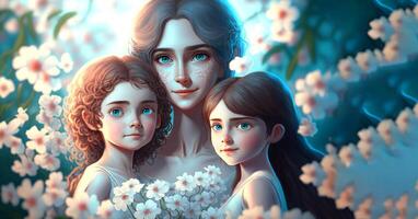 Mother and daughters, beautiful flowers background, Happy Mothers Day Concept . photo