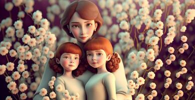 Mother and daughters, beautiful flowers background, Happy Mothers Day Concept . photo