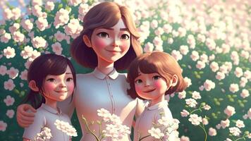 Mother and daughters, beautiful flowers background, Happy Mothers Day Concept . photo