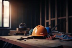 labor day. Safety Construction Worker Hat isolated on blurred industry background. photo