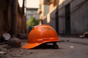 labor día. la seguridad construcción trabajador sombrero aislado en borroso industria antecedentes. generativo ai foto
