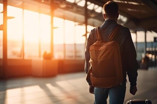 A man with a backpack walks down a train platform with a backpack. photo