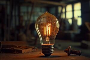 light bulb on wooden table. International Day of Light. photo