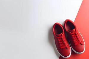 Pair of new stylish white sneakers on red background. International Red Sneakers Day. photo