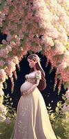 An intimate realistic illustration showing a pregnant woman and surrounded by beautiful flowers, nature, offering an emotion of peace and connection. photo