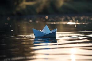 un papel barco flotante en el agua. generativo ai foto