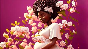 An intimate realistic illustration showing a pregnant woman and surrounded by beautiful flowers, nature, offering an emotion of peace and connection. photo