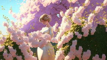 An intimate realistic illustration showing a pregnant woman and surrounded by beautiful flowers, nature, offering an emotion of peace and connection. photo