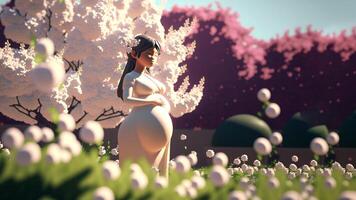 An intimate realistic illustration showing a pregnant woman and surrounded by beautiful flowers, nature, offering an emotion of peace and connection. photo