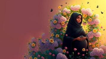 madre en hiyab, un íntimo realista ilustración demostración un embarazada mujer y rodeado por hermosa flores, naturaleza, ofrecimiento un emoción de paz y conexión. generativo ai foto