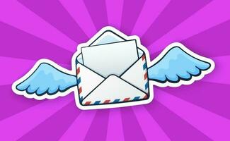 Sticker of flying opened envelope with wings vector