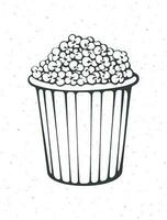 Outline of bucket full of popcorn. Striped paper cup with junk snack. Symbol of the film industry and fast food. Vector illustration. Hand drawn black ink sketch, isolated on white background