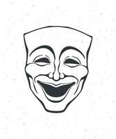 Outline of theatrical comedy mask. Vintage opera mask for happy actor. Face expresses positive emotion. Film and theatre industry. Vector illustration. Hand drawn sketch, isolated on white background