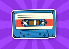 Retro audio cassette. Analog media for recording and listening to stereo music. Old-fashioned tape cassette. Sticker in cartoon style with contour vector