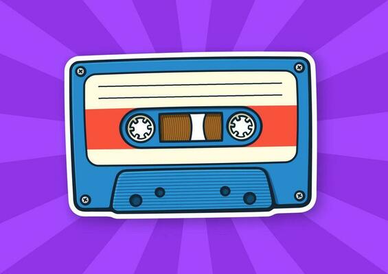 Retro audio cassette. Analog media for recording and listening to stereo music. Old-fashioned tape cassette. Sticker in cartoon style with contour