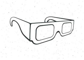 Outline of paper 3d glasses isometric view. Stereo retro glasses for three-dimensional cinema. Symbol of film industry. Vector illustration. Hand drawn black ink sketch, isolated on white background