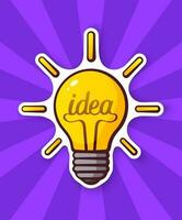 Cartoon sticker of light bulb with the word idea and shine vector
