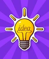 Cartoon sticker of light bulb with the word idea and shine vector