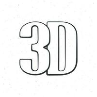 Abbreviation 3D for three-dimensional film. Outline. Lettering style icon for stereo movies. Symbol of the film industry. Vector illustration. Hand drawn sketch. Isolated white background