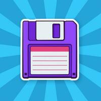 Computer retro floppy disk. Magnetic disk drive. Digital storage media. Sticker in cartoon style with contour vector