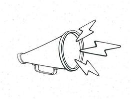 Retro megaphone with lightnings symbol of noise. Outline. Hand loud speaker. Voice audio information and sale promotion. Vector illustration. Hand drawn sketch. Isolated white background