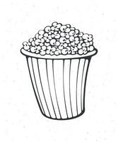 Cartoon bucket full of popcorn. Outline. Striped paper cup with junk snack. Symbol of the film industry and fast food. Vector illustration. Hand drawn sketch. Isolated white background