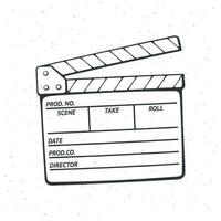Outline of open clapperboard. Symbol of the movie industry, used in cinema when shooting a film. Vector illustration. Hand drawn black ink sketch, isolated on white background