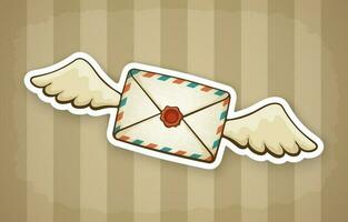 Sticker of flying closed vintage envelope with wax seal and wings vector