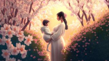 An intimate realistic illustration showing a pregnant woman and her infant kid, surrounded by beautiful flowers, nature, offering an emotion of peace and connection. photo