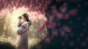 An intimate realistic illustration showing a pregnant woman and her infant kid, surrounded by beautiful flowers, nature, offering an emotion of peace and connection. photo