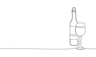 Bottle and glass of wine, one line continuous. Line art outline vector illustration of alcohol drink