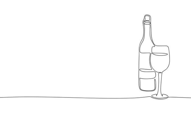 Bottle and glass of wine, one line continuous. Line art outline vector illustration of alcohol drink