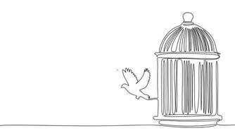 Flying bird from cage continuous line drawing element isolated on white background for decorative element. Vector illustration of animal form and freedom in trendy outline style.