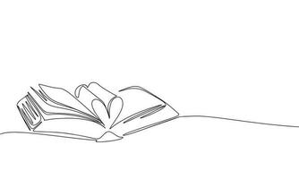 Open book with page as heart. One line continuous symbol heart. Line art, outline, single line silhouette. Hand drawn vector illustration.