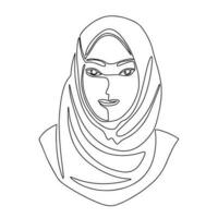 Arabic woman in hijab, continuous line drawing element isolated on white background for decorative element. Vector illustration of face of Arabic woman in trendy outline style.