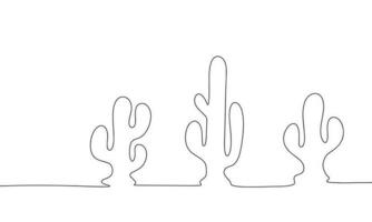 Silhouette cactus in row. One line continuous abstract conception of nature in desert. Line art, outline, silhouette, vector illustration.