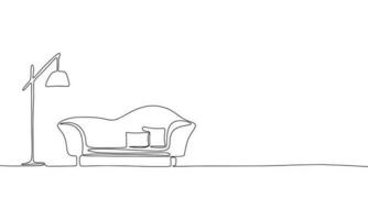 Modern sofa and lamp, interior. Continuous line one drawing. Vector illustration. Simple line illustration.