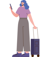 kvinna resande med resväska och smartphone png