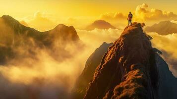 Stand man on top of mountain full of clouds around on sunset, i genertive photo