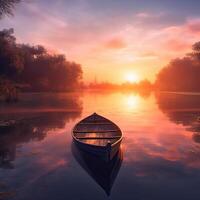 dreamy sunset with calm water and boat, beautiful scene on beach , peaceful , ai generated photo