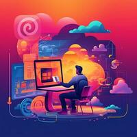 illustration of software development, 3d web programming art, programmer sitting with laptop working for development, programming the software, coding, colorful photo